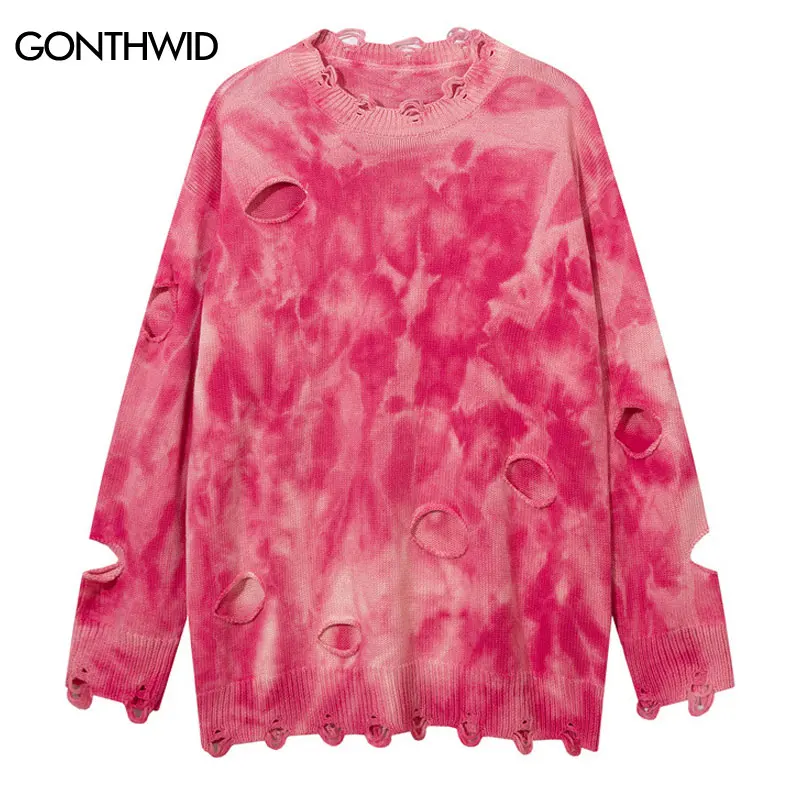 Hip Hop Pink Tie Dye Sweater Streetwear Harajuku Knitted Ripped Holes Distressed Jumper 2023 Fashion Punk Goth Loose Pullovers 
Hip Hop Pink Tie Dye Sweater Streetwear Harajuku Knitted Ripped Holes Distressed Jumper 2023 Fashion Punk Goth Loose Pullovers