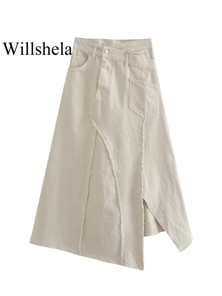 Willshela Women Fashion With Pockets Denim Khaki Front Zipper Asymmetrical Midi Skirt Vintage High Waist Female Chic Lady Skirts
Willshela Women Fashion With Pockets Denim Khaki Front Zipper Asymmetrical Midi Skirt Vintage High Waist Female Chic Lady Skirts