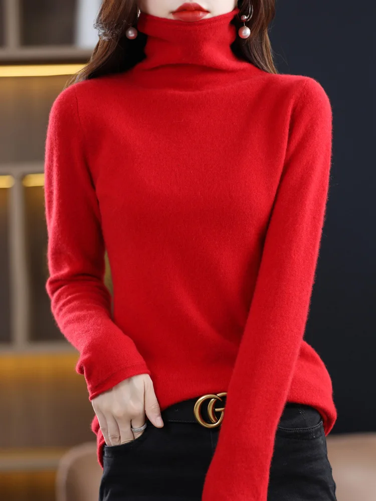 

Fashion Basic Long Sleeve Pullover Autumn 100% Merino Wool Sweater Turtleneck Cashmere Women Knitted Clothing Tops