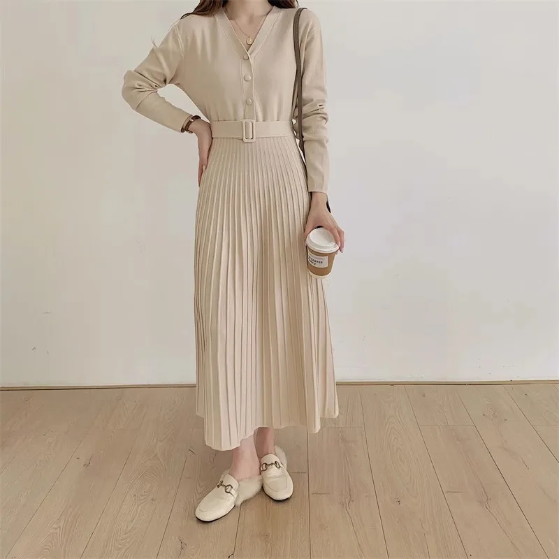 

Korea Elegant V-neck Single-breasted Women Thicken Sweater Dress 2024 Autumn Winter Knitted Belted Female A-line Soft Dresses