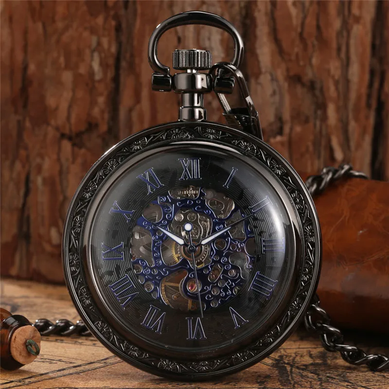 

Steampunk Skeleton Clock Men's Retro Automatic Mechanical Pocket Watch with Fob Chain Roman Numeral Timepiece Reloj De Bolsillo