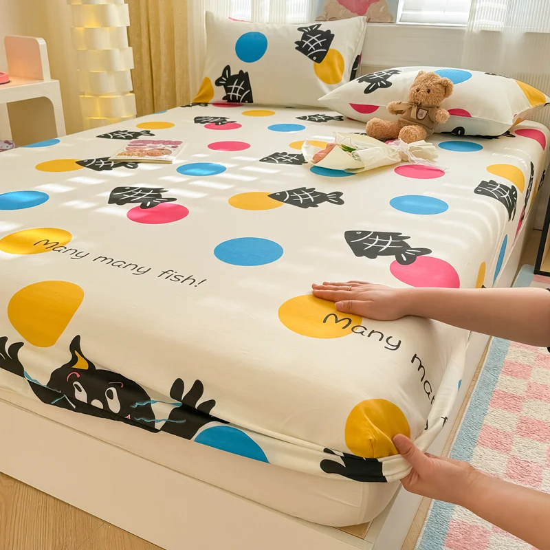 

1 pc 100%Cotton Bed Sheet Cartoon Fish Printed Fitted Sheet with Elastic Band Single/Queen/King Pure Cotton Bed Botton Sheets