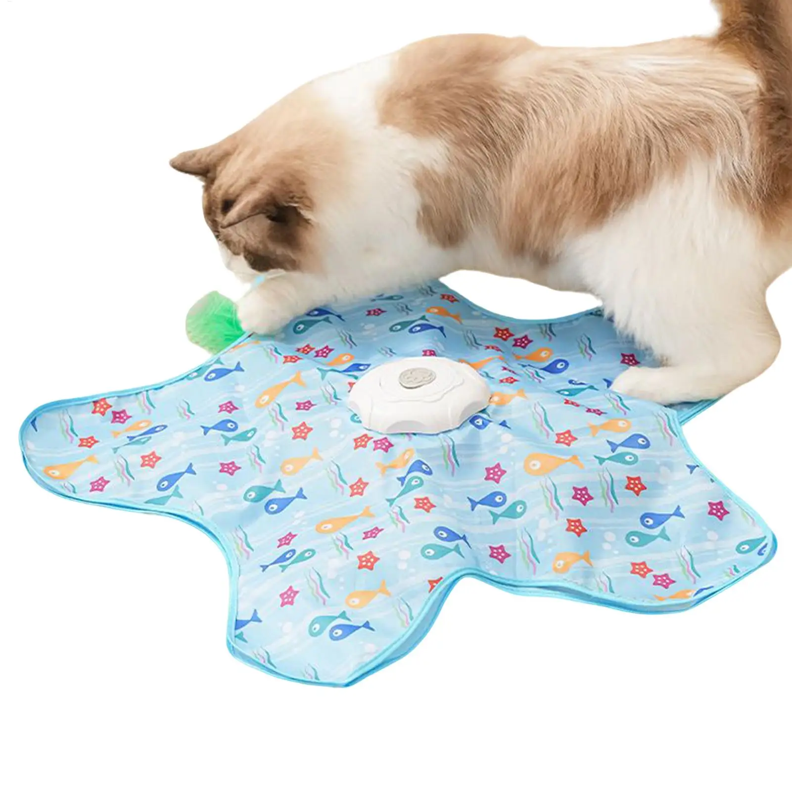 Indoor Cat Toy | Star-Shaped Automatic Cat Toys Isolated image of a bicolor cat pouncing on the green feather teaser as it emerges from under the starfish-patterned fabric.