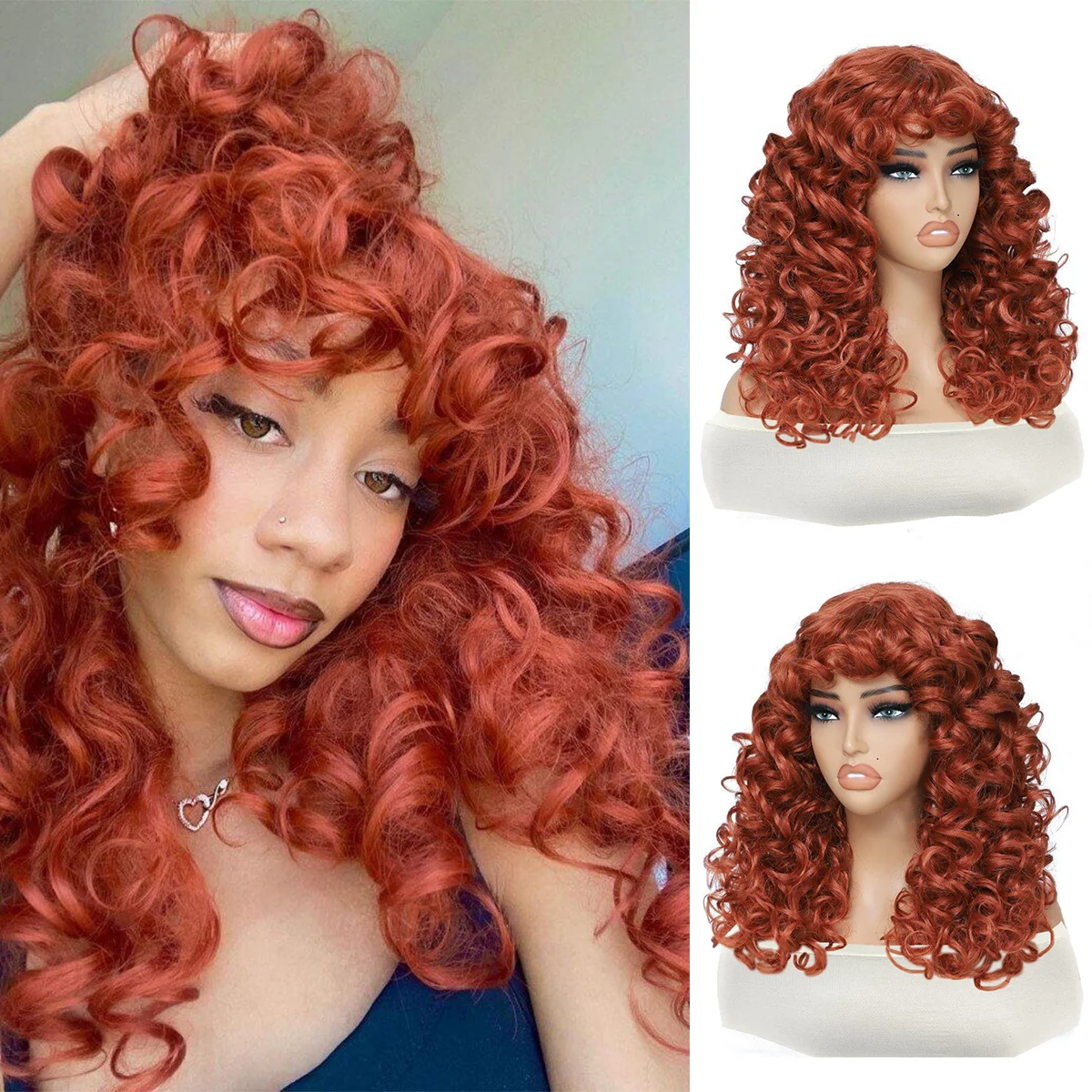 

Bouncy Curls Wigs with Bangs Copper Ginger 20 inch Chemical Fiber Wig Bangs Wig Daily Used Easy to Wear Synthetic Curly Wig
