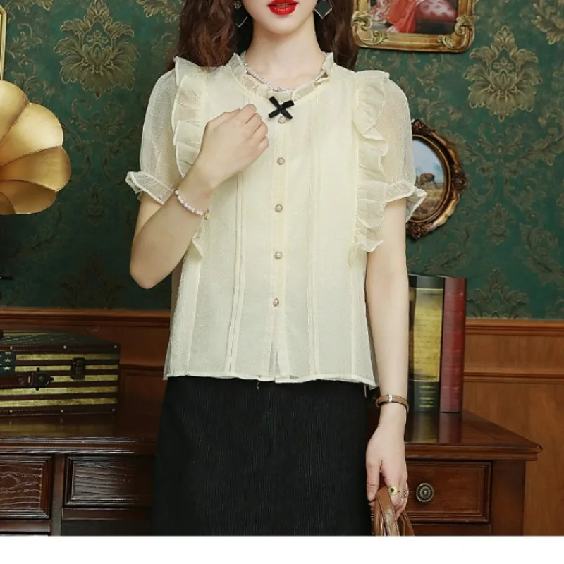 

2024 Summer Women's Pullover Lotus Collar New Spliced Button Fashion Solid Color Temperament Bubble Short Sleeve Chiffon Shirt