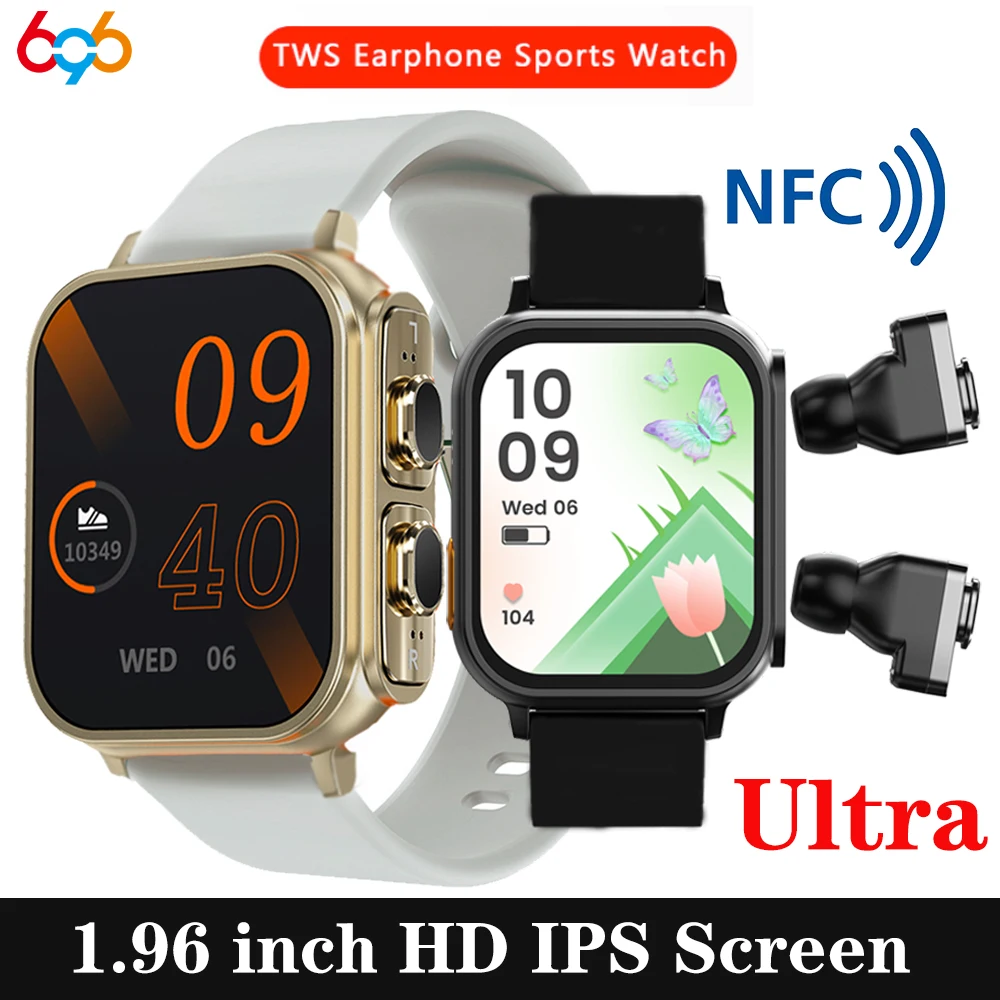 

2023 New 2 In 1 Wireless Blue Tooth ENC Noise Cancelling TWS Earphones Smart Watch 1.96" Sports Heart Rate NFC Ultra Smartwatch