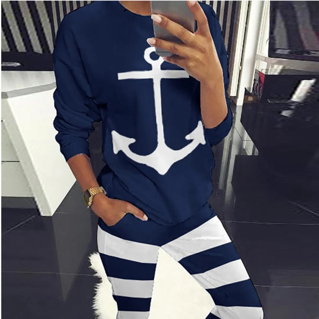 

Spring 2024 Hot Selling Stripe Anchor Print Round Neck Long Sleeve Sports Set
