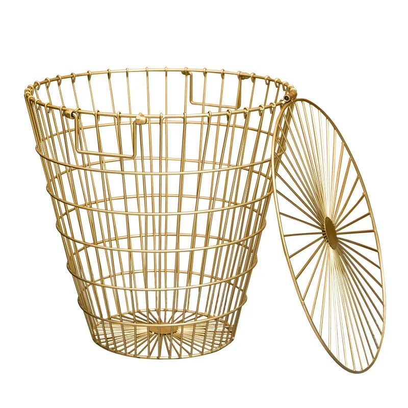 

High Quality Golden Laundry Basket Metal Dirty Clothes Storage Home Organizer Creative Wicker