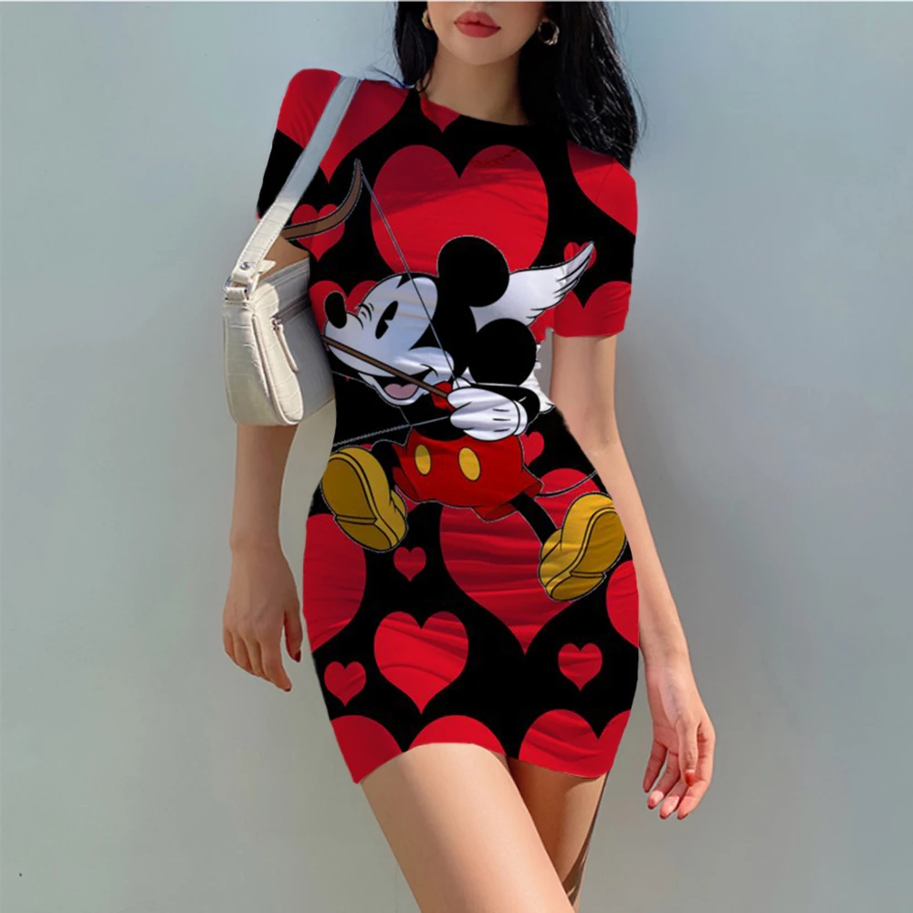 

Summer Sexy High Neck Tight Dress Mickey Mouse Print Bottom Sexy Spicy Girls Slim Wrapped Hip Dress Bodycon Women Bodyco