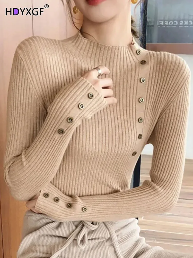 

Женская Осенняя одежда, однотонный удобный пуловер-водолазка с длинным рукавом и пуговицами, мягкий модный джемпер в стиле Харадзюку