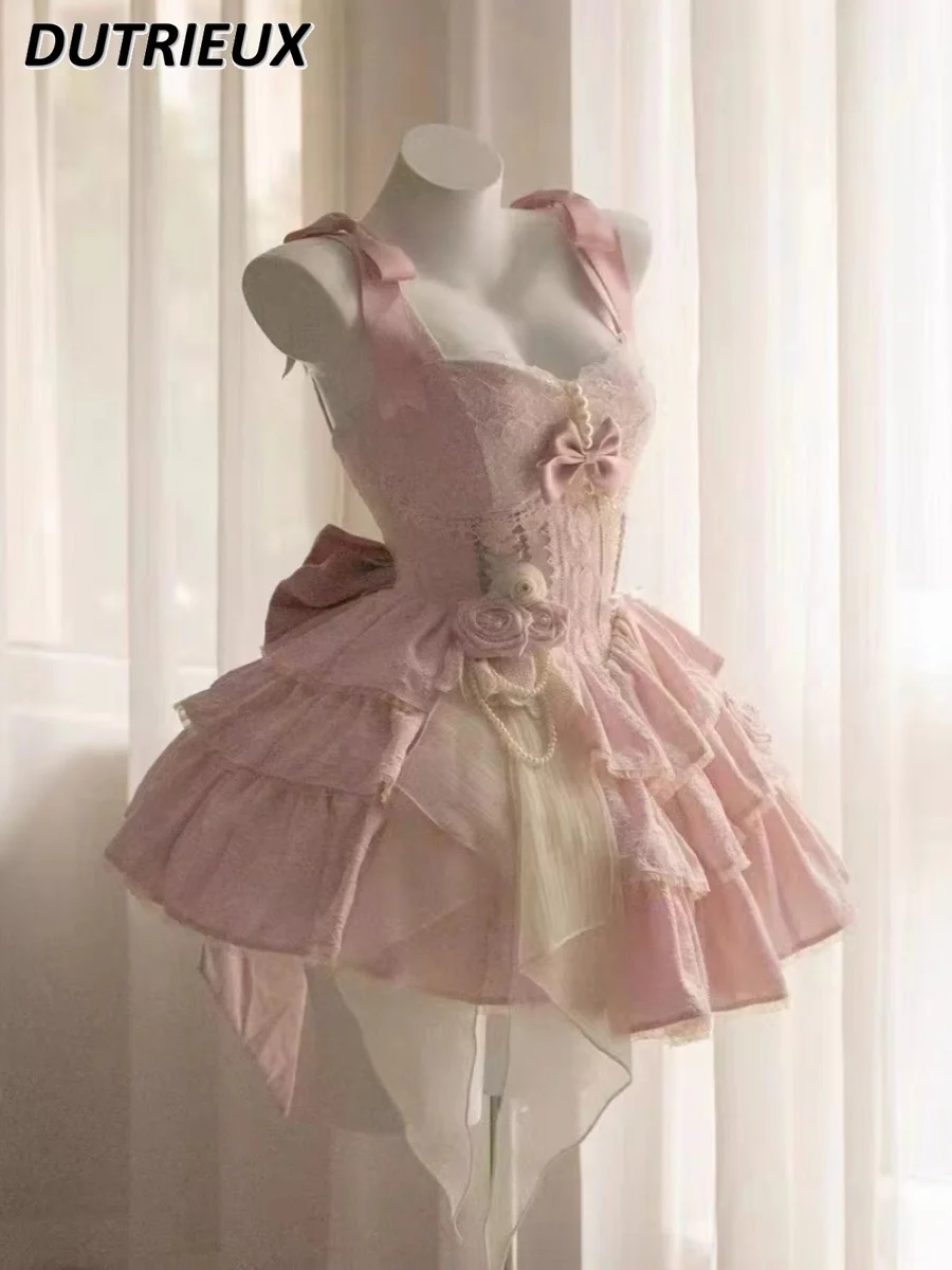 

Lolita Princess Short Sling Dress Sweet Rose Pettiskirt Vintage Court Style Waist Cake Jacquard Strap Dresses for Women