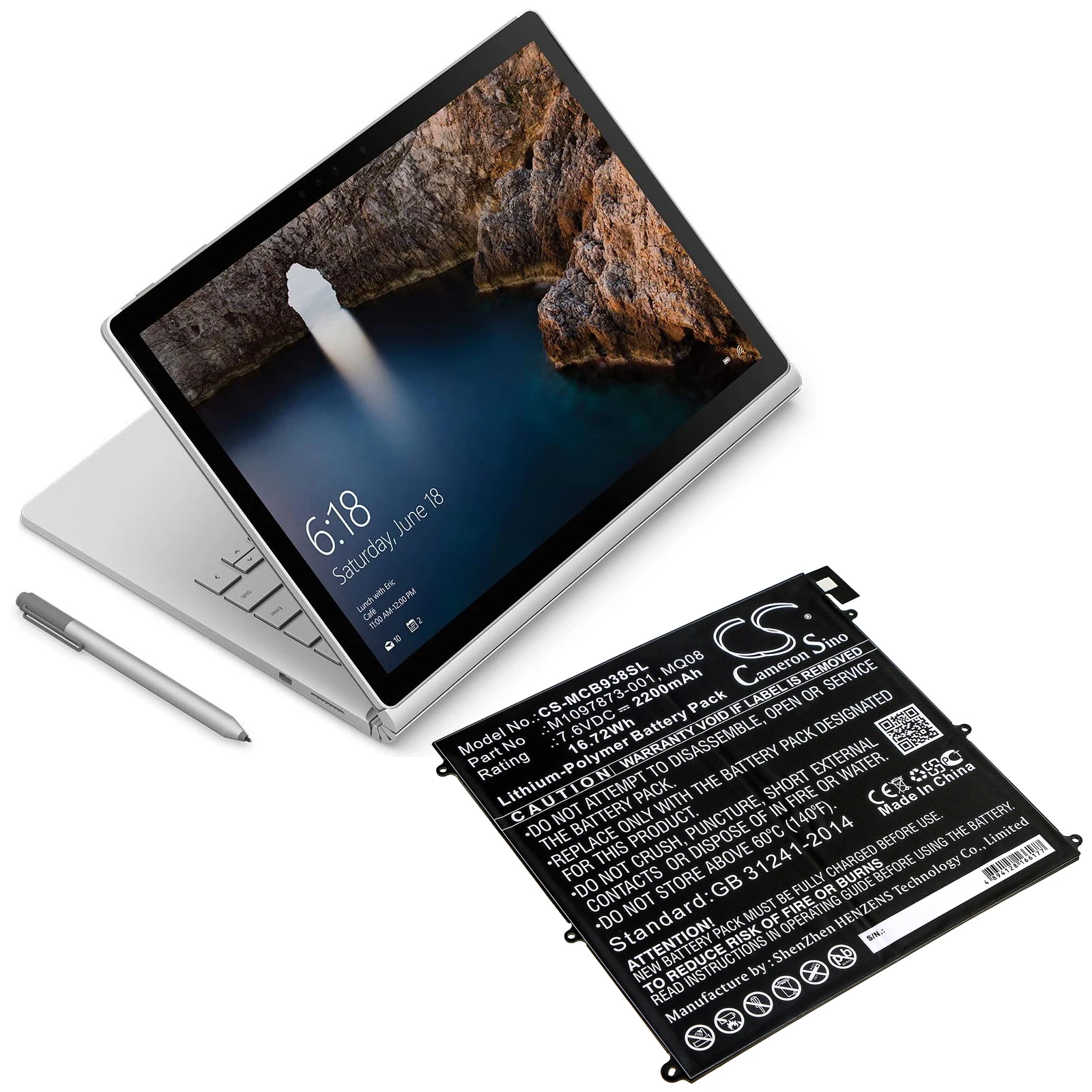 Tablet Li-PolymerBattery For Microsoft M1097873-001 MQ08 Surface Book 1938 Volts 7.6 Capacity 2200mAh / 16.72Wh
Tablet Li-PolymerBattery For Microsoft M1097873-001 MQ08 Surface Book 1938 Volts 7.6 Capacity 2200mAh / 16.72Wh