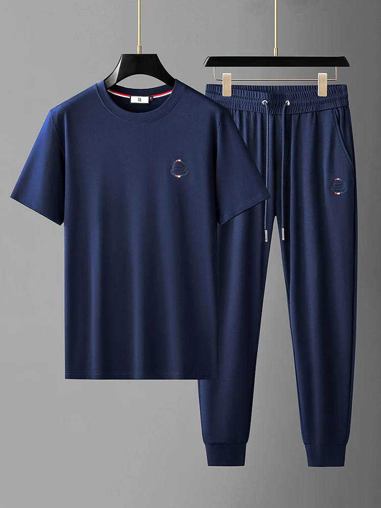 

JSBD-NZ летняя модная ледяная шелковая футболка с коротким рукавом и вышивкой, повседневный спортивный комплект из двух предметов