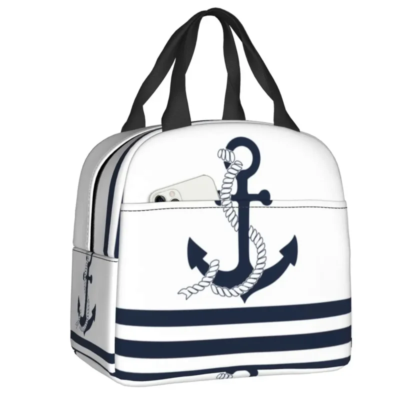 

Nautical Anchors With Blue And White Stripes Thermal Insulated Lunch Bags Sailing Sailor Resuable Multifunction Food Box