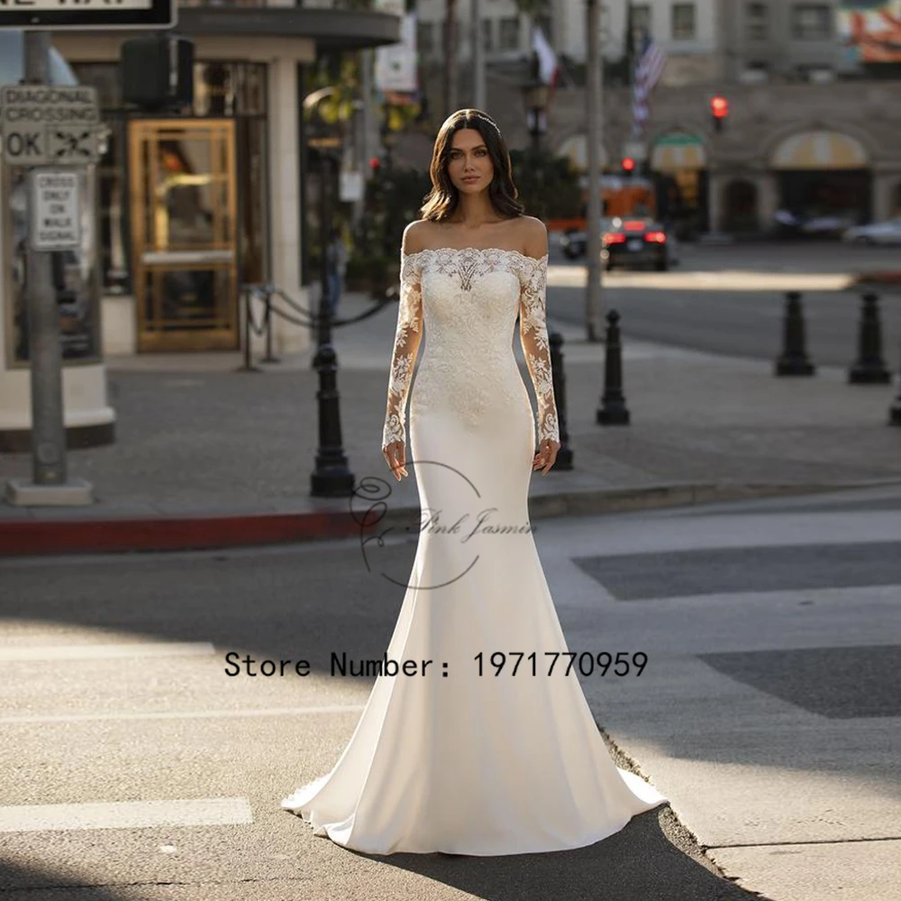 

Ivory Boat Neck Long Sleeves Chiffon Wedding Dresses Zipper Back Lace Applique Court Train A-line Bridal Dress Vestidos de