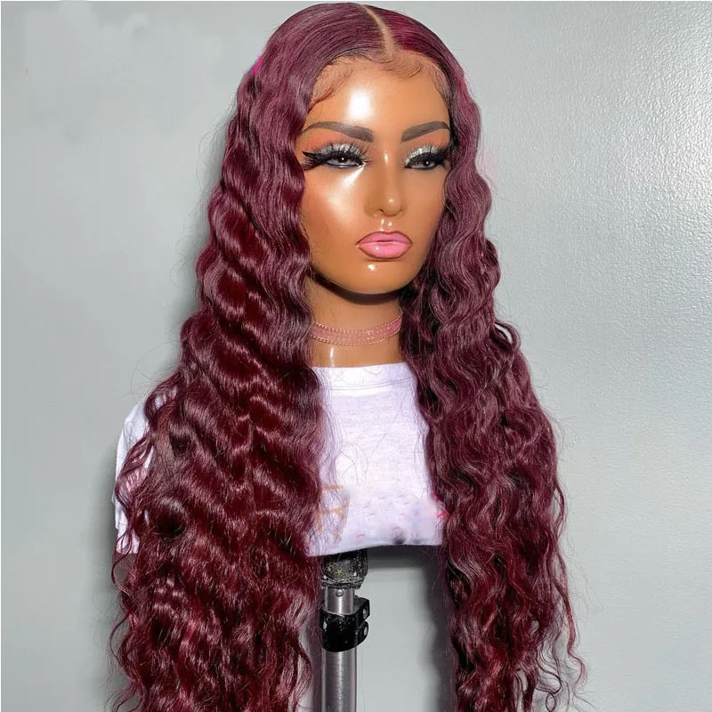 

Burgundy Kinky Curly Preplucked Soft Glueless 180% Density 26 Inch Long Lace Front Wig For Black Women 99j Babyhair Daily Wine