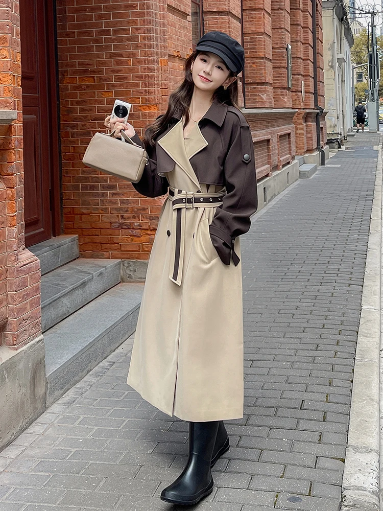 

Double Breasted Belted Fashion Spliced Long Trench Coat for Women 2023 Autumn England Style Loose Basics Windbreaker Jacket 9852