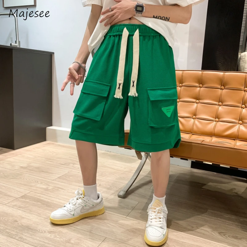 

Вафельные шорты для мужчин, простые универсальные свободные летние Молодежные Популярные до колена в стиле сафари, американская уличная одежда для подростков