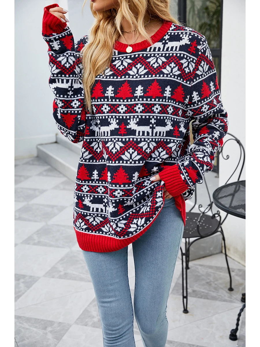 

CHQCDarlys Women s Fall Winter Knit Sweater Long Sleeve Crewneck Print Casual Loose Pullover Elegant Christmas Knitwear -