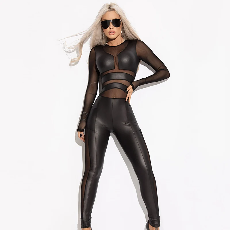 

Oshoplive Female Fashion Sexy Black Mesh Spliced Sexy See-Through Sports Jumpsuit 2024 New High Street Tight Wrap Jump Suits