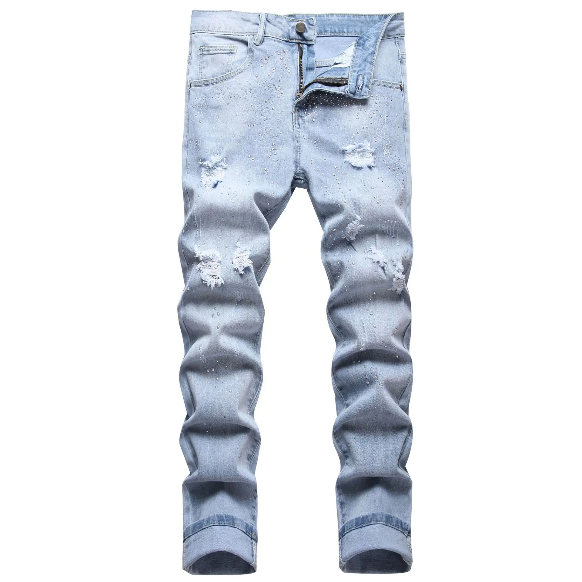 

Y2K Streetwear Mens New Fashion Harajuku Hot Diamond Ripped Jeans Causal Men Stretch Slim Fit Cargo Denim Pants Jean Trousers