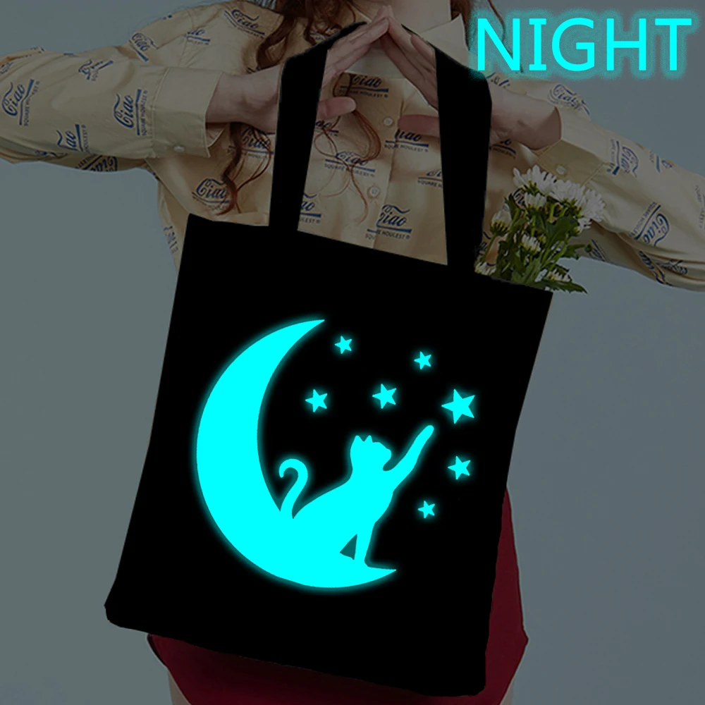 

Блестящая Холщовая Сумка-тоут с рисунком кошки на Луне для женщин и мужчин, многоразовая сумка-шоппер в стиле Харадзюку, модные сумки через плечо с кошками для влюбленных