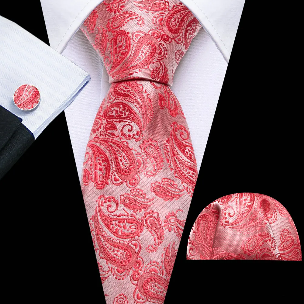 

Peach Pink Silk Tie For Men Luxury Paisley High Quality Jacquard Kerchief Cufflinks Set Business Wedding Party Barry.Wang 5556