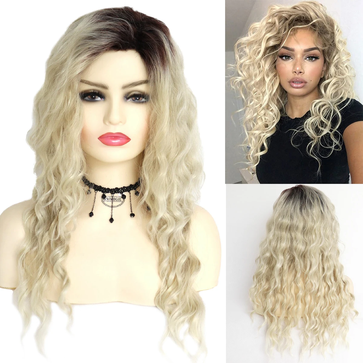 

GNIMEGIL Long Curly Wigs for Women Synthetic Ombre Blonde Wig with Bangs Costume Wig for Girls Sexy Blond Wigs with Dark Roots