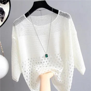 Blusa Casual Feminina Coreana, Elegante, Confortável e Versátil 13 Spring and Summer New Ice Silk Knitted Vest Top Hollow Out Thin Bottoming Sling Streetwear Womens Clothing White Shirt 13686