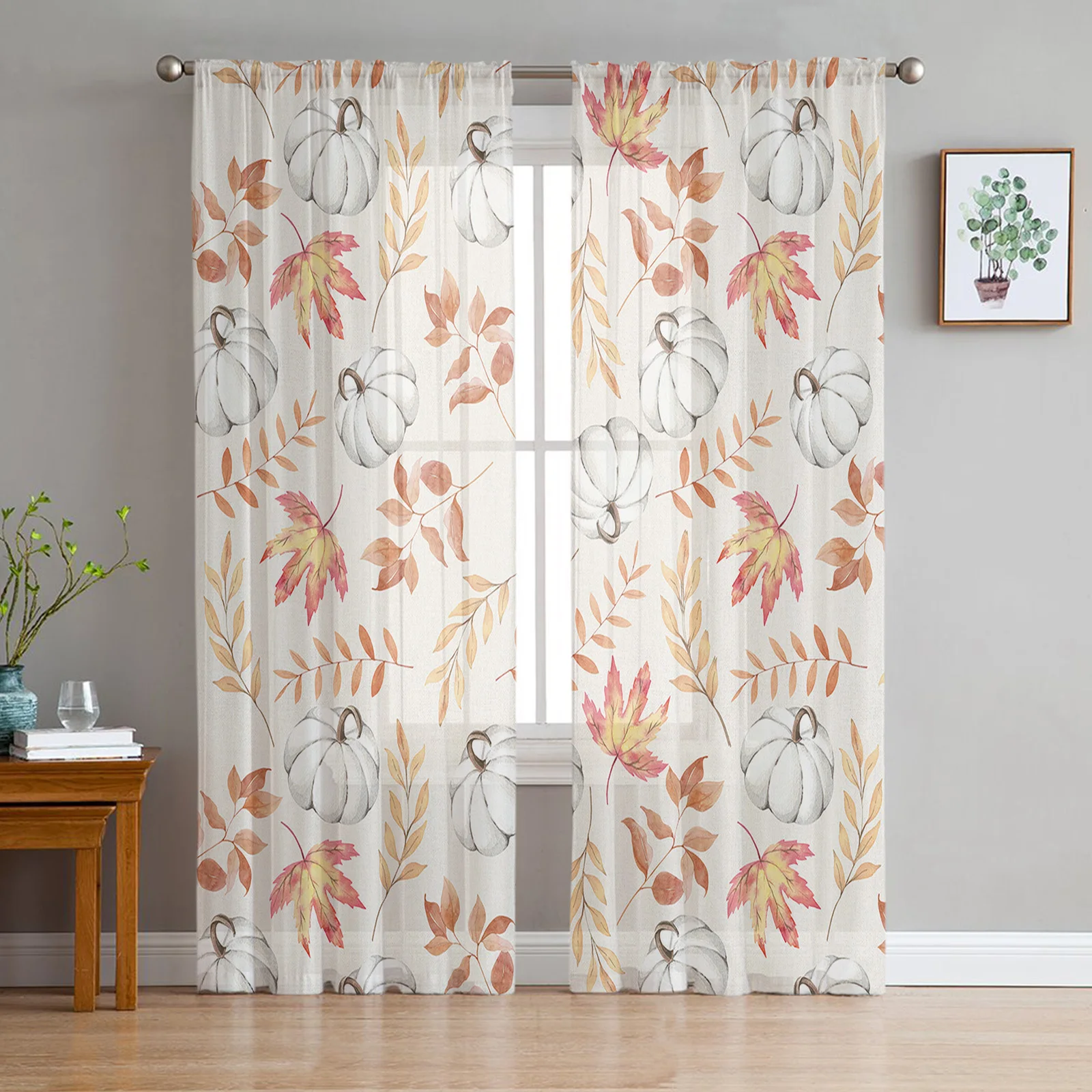 

Autumn Maple Leaves Pumpkin Sheer Voile Window Curtains Tulle Curtains Living Room Balcony Decoration Drapes