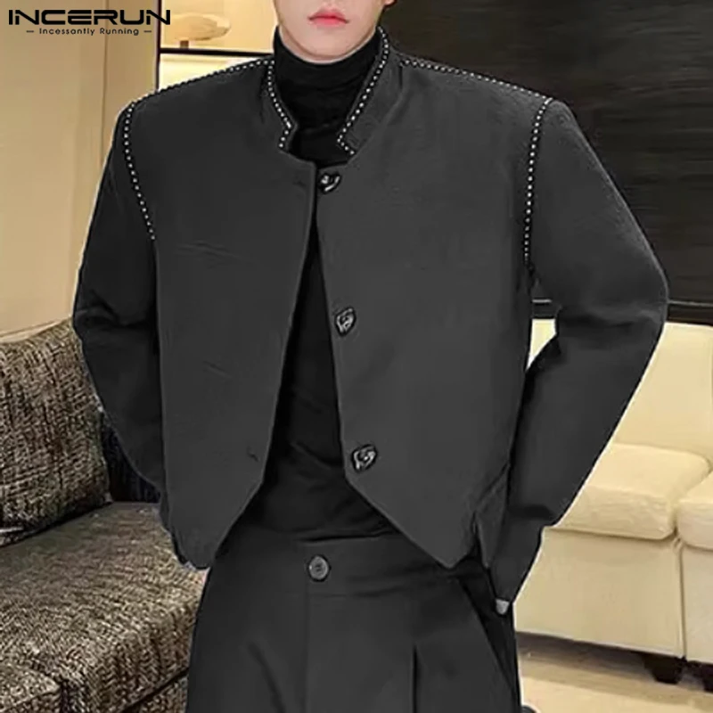 

INCERUN Tops 2024 Korean Style New Men's Stand Neck Irregular Hem Design Suit Coats Casual Streetwear Long Sleeved Blazer S-5XL