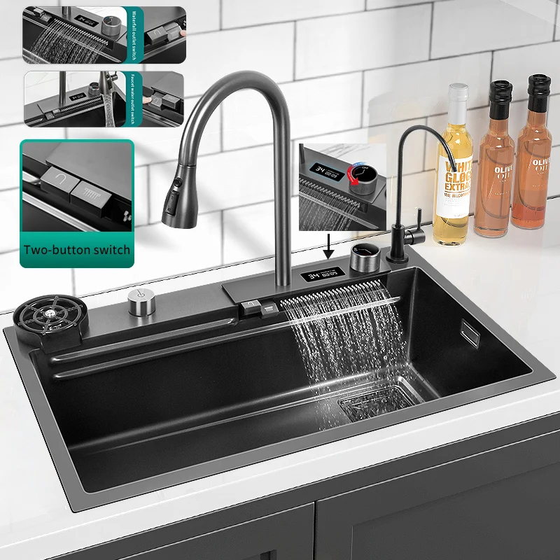 

Nano Kitchen Sink Stainless Steel Countertop Sink Multifunctional Digital Display Waterfall Sink Faucet With drainage system