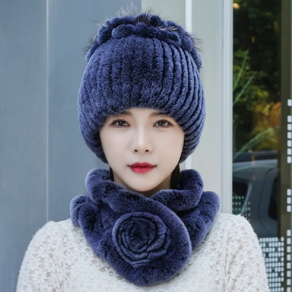 

Real Rex Rabbit Fur Hat Scarf Sets Women Winter Warm Headwear Beanie Cap Neckerchief Coffee Blue Red