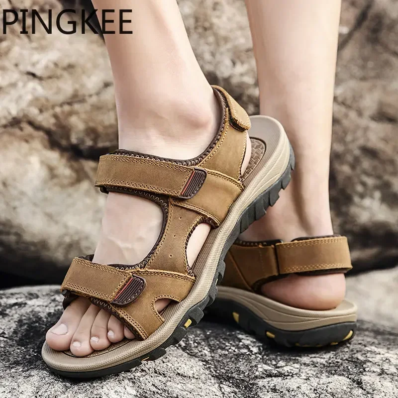 

PINGKEE Water Aqua Rubber Outsole Open Toe Cushioned Leather Upper Summer Sandals For Men Beach Hook Loop Strap Razor-sipe Shoes