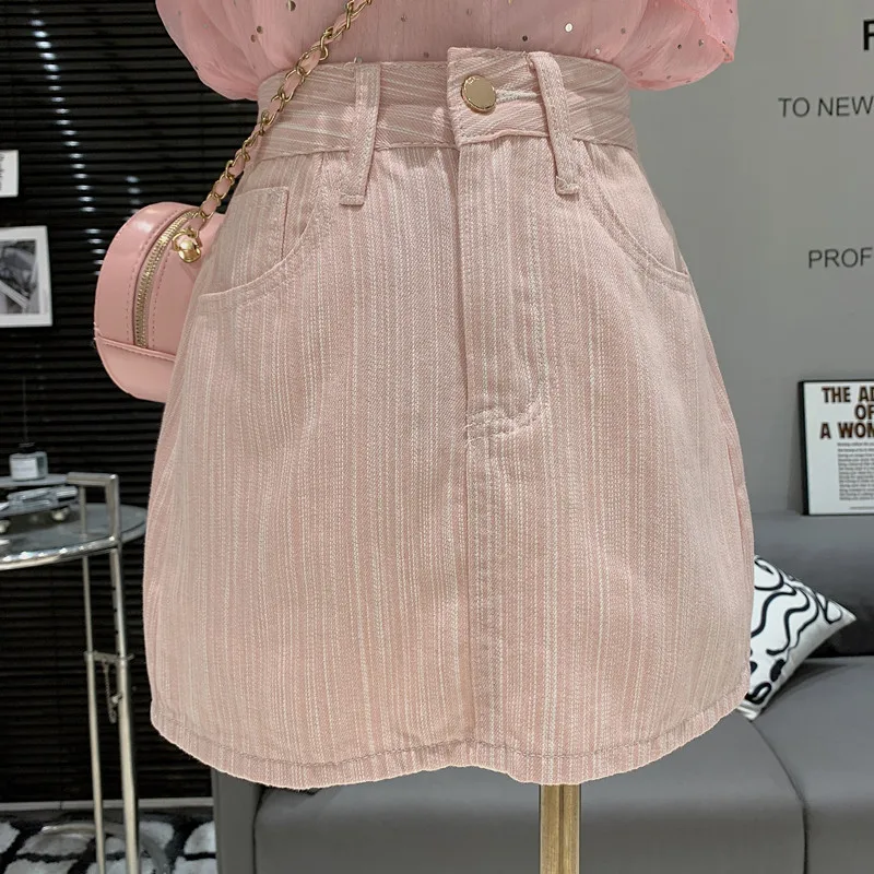 

Маленькая свежая женская розовая темпераментная Милая стройнящая полосатая Универсальная джинсовая юбка А-силуэта с высокой талией
