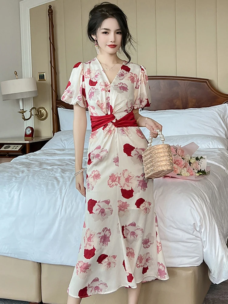 

Summer Vacation Dress Elegant Women Lady Chic Satin Floral Puff Sleeve Slim Midi Party Robe Femme Mujer Vestido Stretchy Clothes