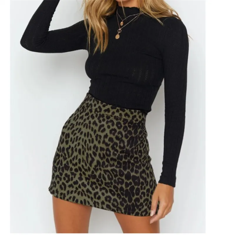 

2021 Women's Suede Hip Wrap Skirt Sexy Leopard High Waist Zipper Autumn Winter A-line Skirt Girl Blackish Green Universal