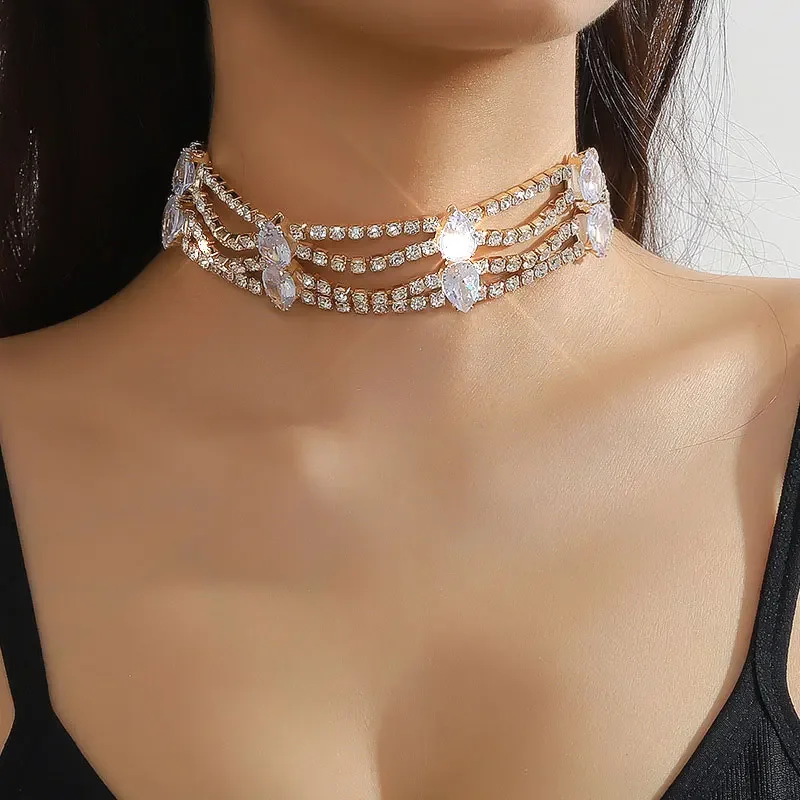 

Multi-layered Drop Shape Women's Necklace with Rhinestones Sparkling Luxury Banquet Wedding Choker For Ladies Fashion Jewelry