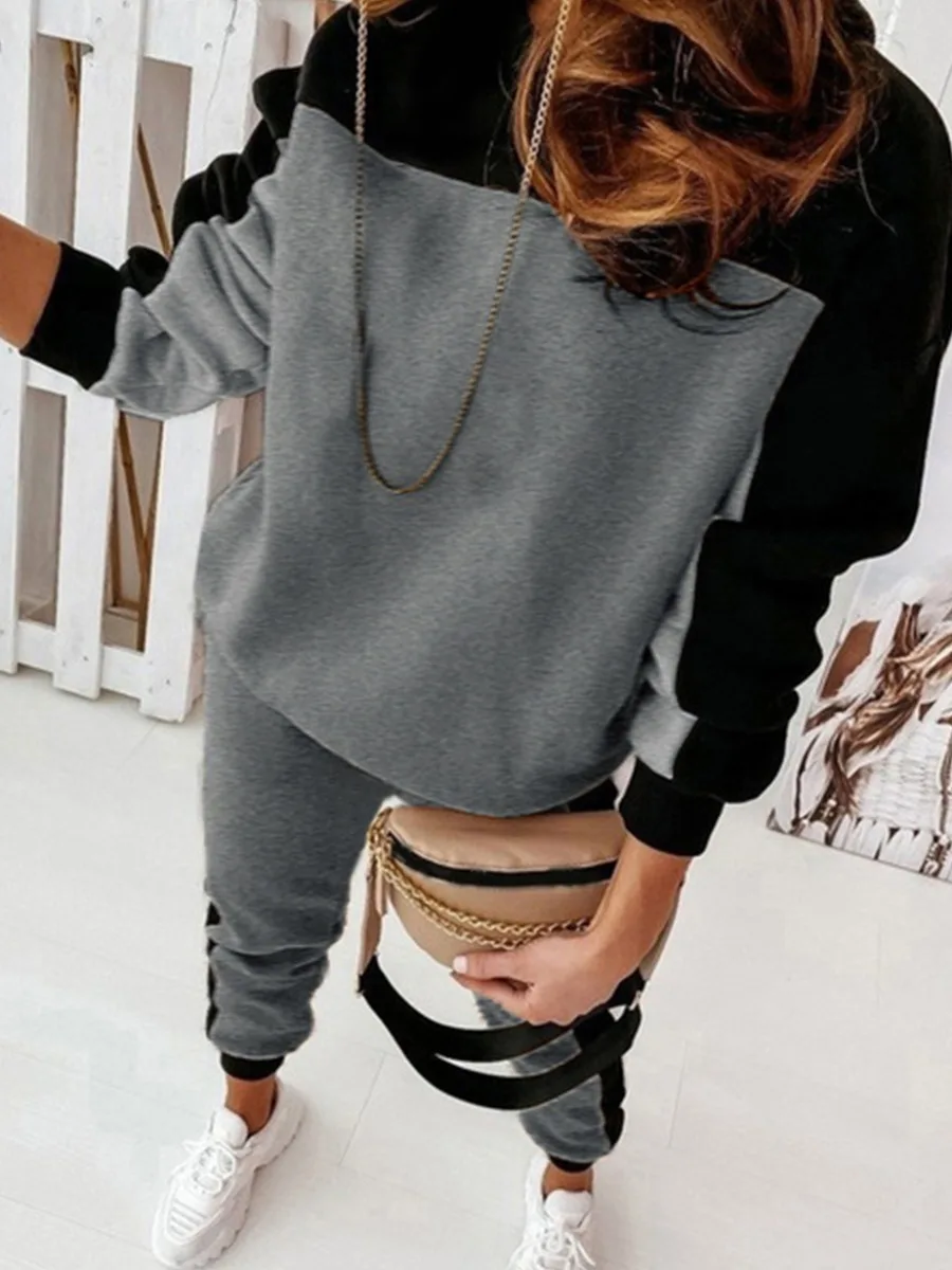 

LW Long Sleeve Color Lump Patchwork Fashionable Round Neck Grey Regular Fit Casual Two Piece Pants Set Matching Suit for Women