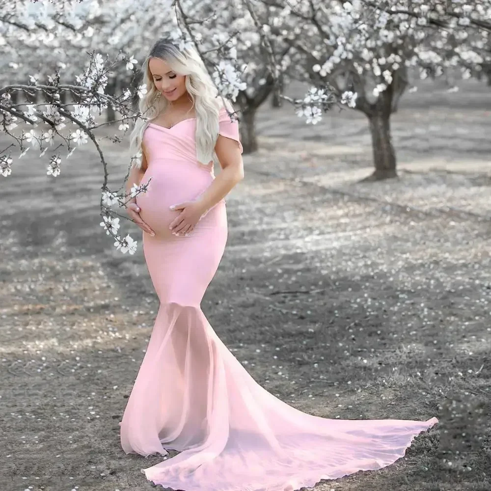 

Платье женское с открытыми плечами для беременных, приталенное элегантное платье с V-образным вырезом и длинным рукавом, с перекрестным спереди, для фотосессии