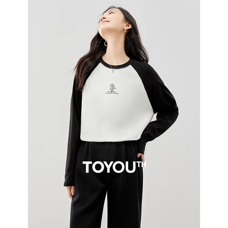 

Toyouth Women Tees 2023 Winter Contrast Raglan Sleeves Round Neck Loose T-shirt Letter Flower Print Casual Versatile Tops