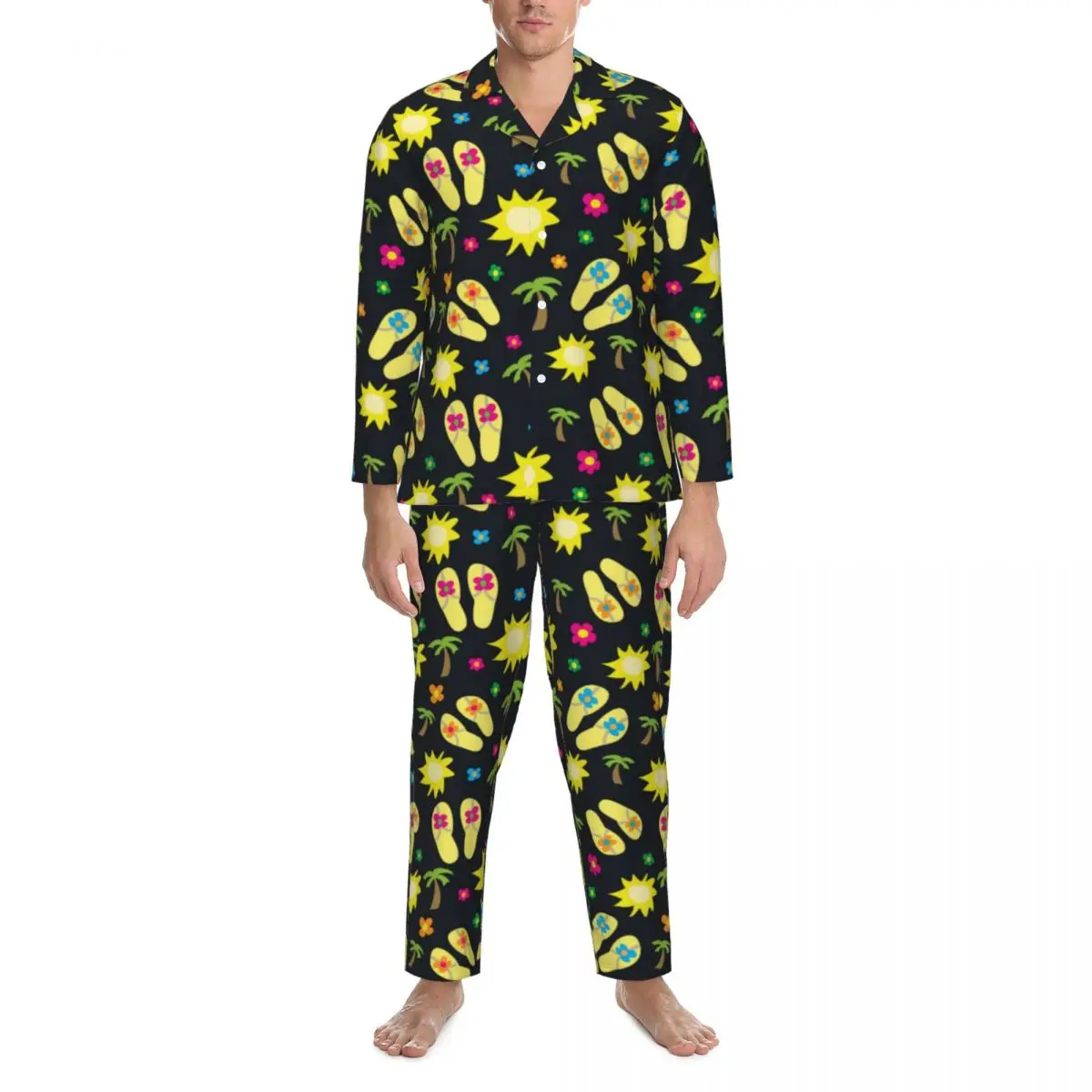 

Vacation Palm Pajama Sets Spring Summer Time Flip Flops Cute Soft Night Sleepwear Male 2 Pieces Loose Oversize Graphic Nightwear