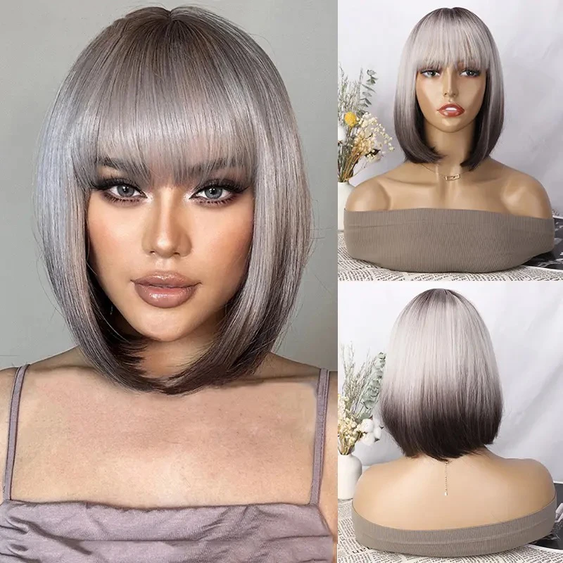 

Women's Short Straight Bob Wigs with Bangs Heat Resistant Synthetic Ombre Color 12 Inches Wig Natural Look Glueless Wig Cosplay