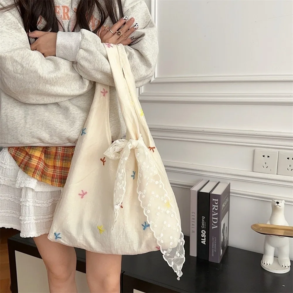 Simple Embroidered Bow Tote Bag Chiffon Solid Color Cherry Shoulder Bag Light Weight Korean Style Canvas Underarm Bag Handbag Simple Embroidered Bow Tote Bag Chiffon Solid Color Cherry Shoulder Bag Light Weight Korean Style Canvas Underarm Bag Handbag