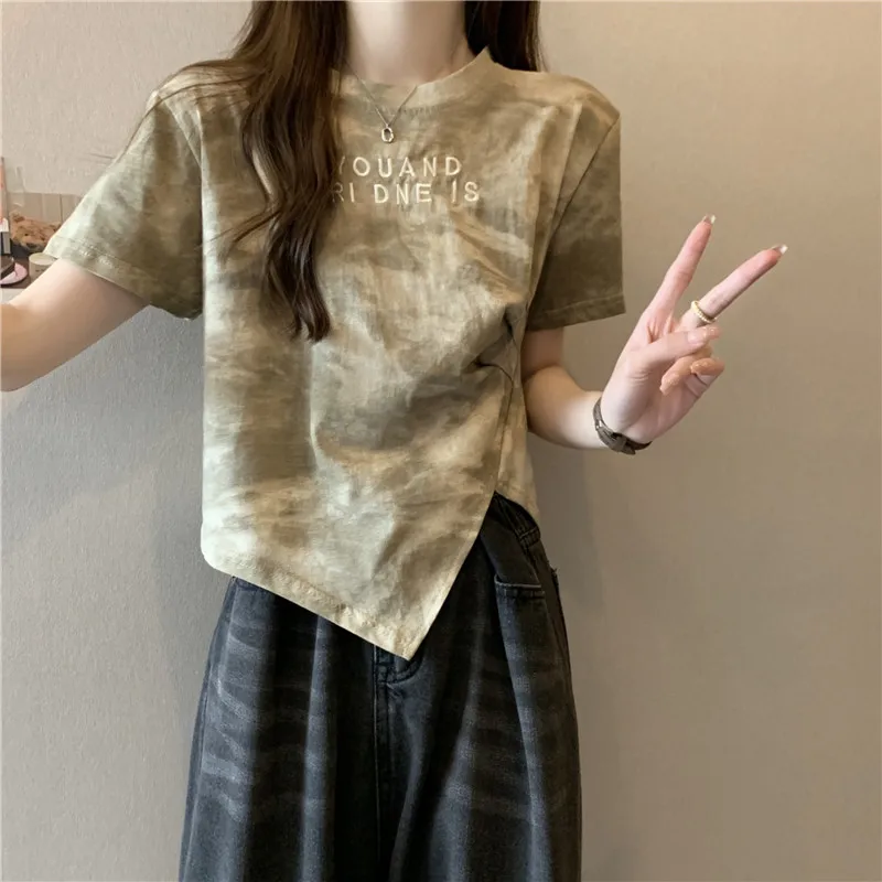 

LKSK Large Irregular Tie Dyed Short Sleeved T-shirt for Women with Summer Design Sense American Style Spicy Girl Short Top