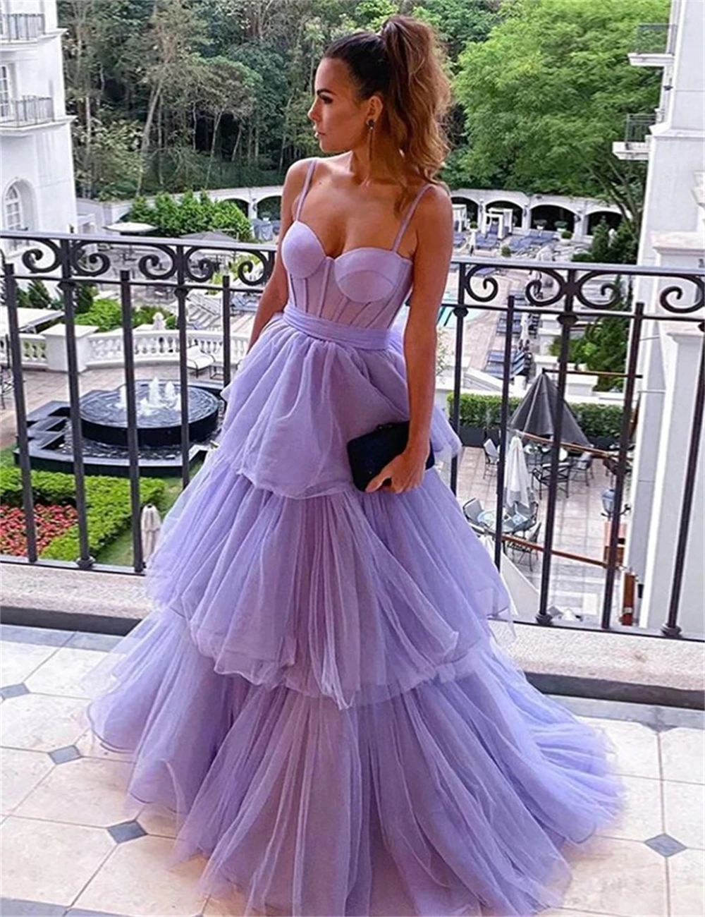 

Stunning Prom Dresses Corset A-Line Princess Solid Color Party Dress Spaghetti Straps Sleeveless Floor-Length Tulle with Tiered