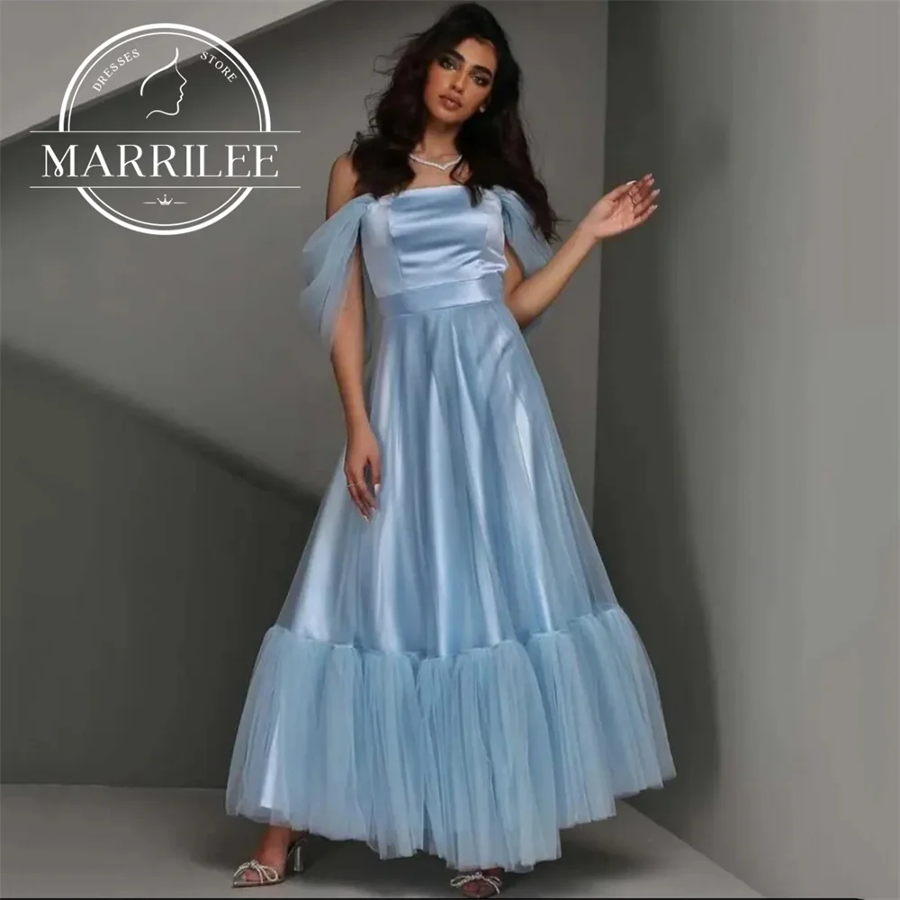 

Marrilee Elegant Baby Blue Princess Off The Shoulder Stain Evening Dress Charming Ankle Length Sleeveless Tulle Prom Party Gowns