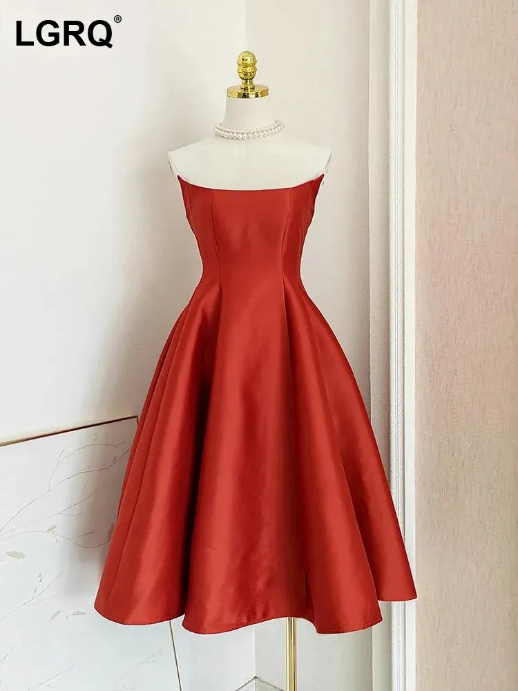 

LGRQ Women Minimalist Strapless Banquet Dresses Fashion Slash Collar High Waist Elegant Dress Elegant Dresses 2024 Summer A1756