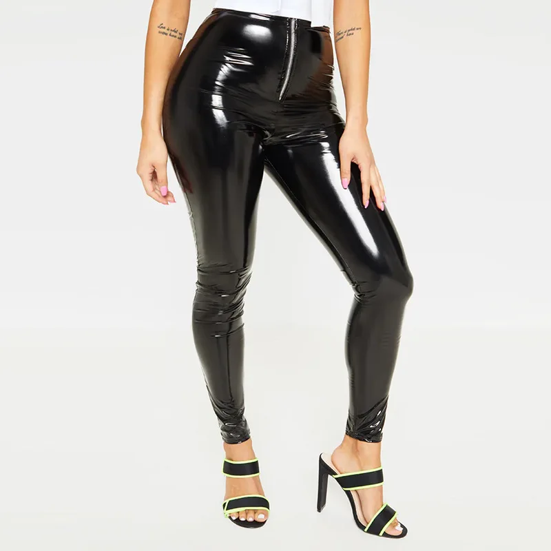 

Women Stretchy Faux Leather Leggings PVC Pencil Pants Ladies Sexy Latex Leather Black High Waisted Tights PU Trousers New Custom