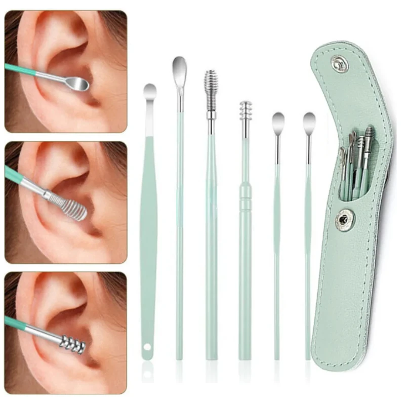 

6Pcs/set Stainless Steel Ear Spong Pickers Earpick Wax Remover piercing kit earwax Curette Spoon Care Ear Clean Tool